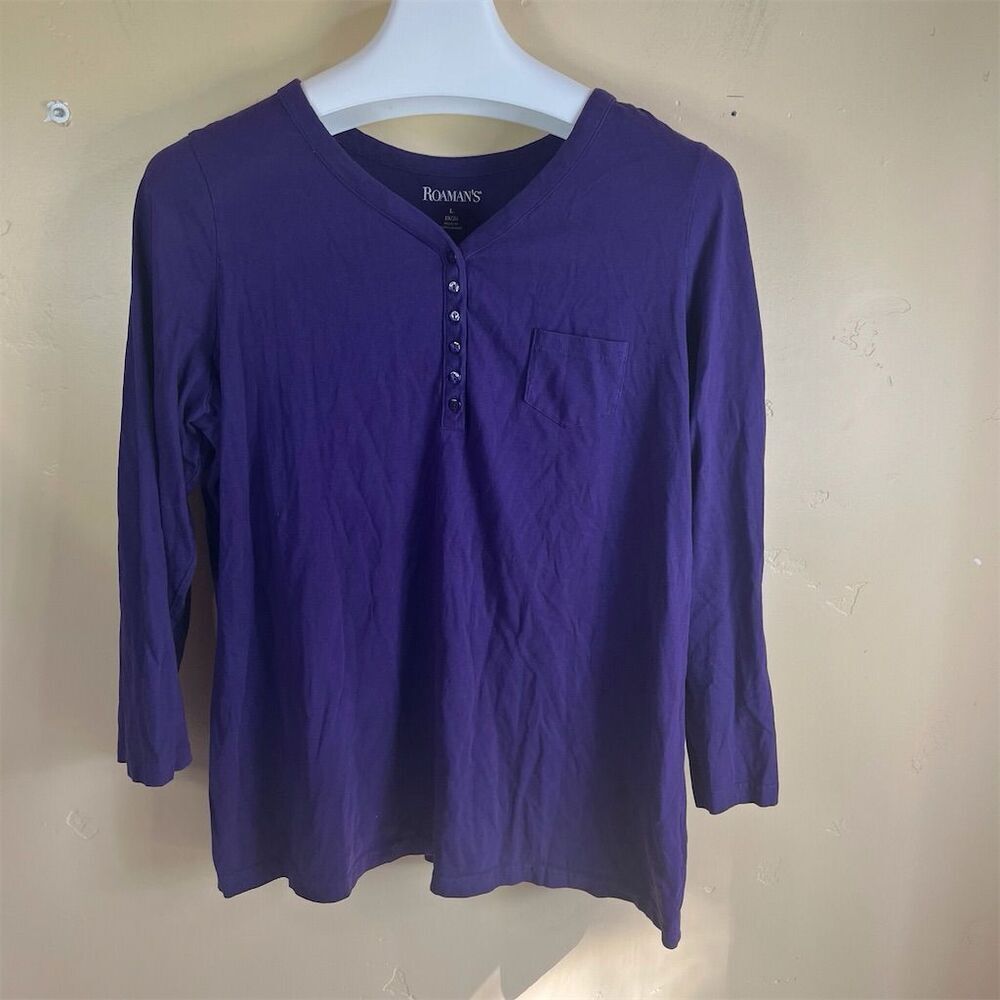 Roaman's Women's Plus Size 18/20 Purple Long-Sleeve Henley Tee Casual Top